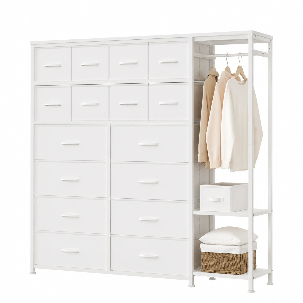 Armoire, avec rangement, avec tiroirs, avec étagères, en tissu, coloris blanc, pour la chambre