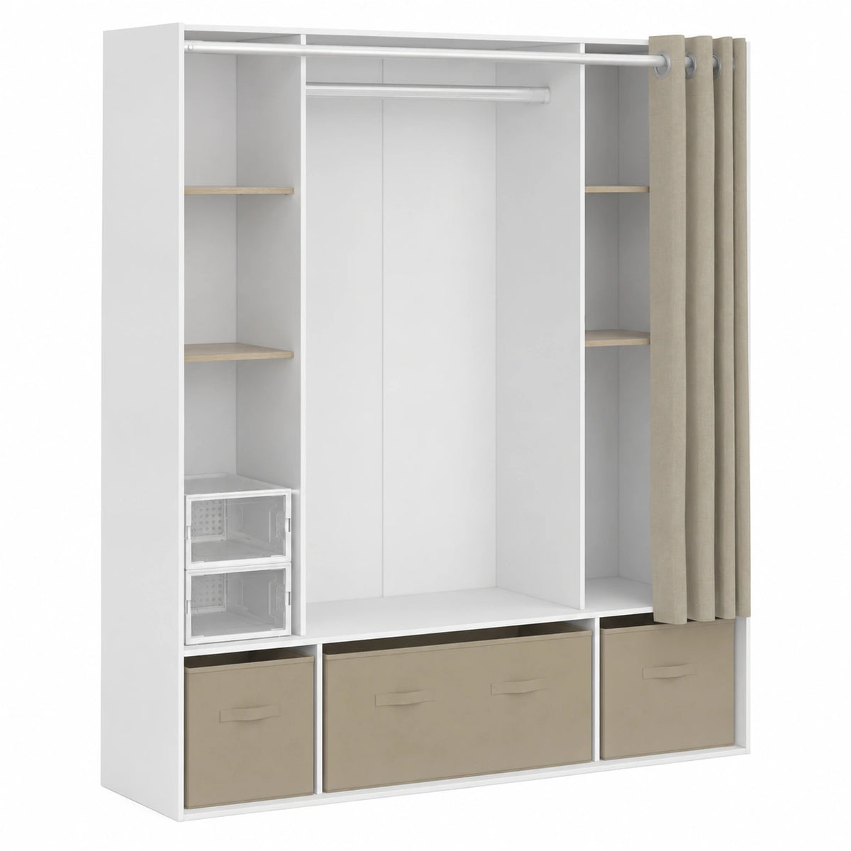 Armoire, avec rangement, avec étagères, coloris blanc et taupe, 140 x 45 x 167 cm, pour la chambre