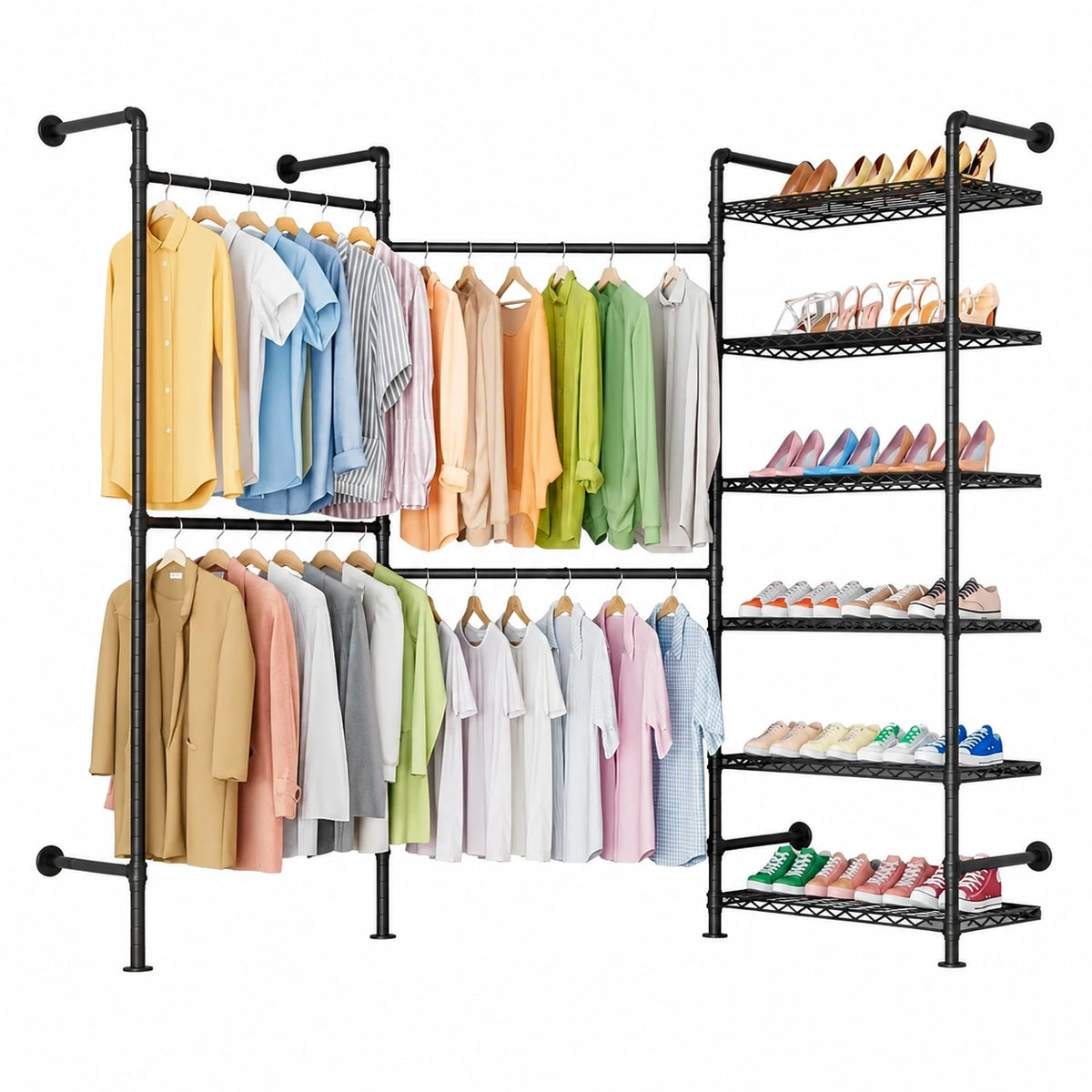 Porte-manteau, réglable, avec étagères, avec portes, en métal, coloris noir, pour l’entrée ou le couloir
